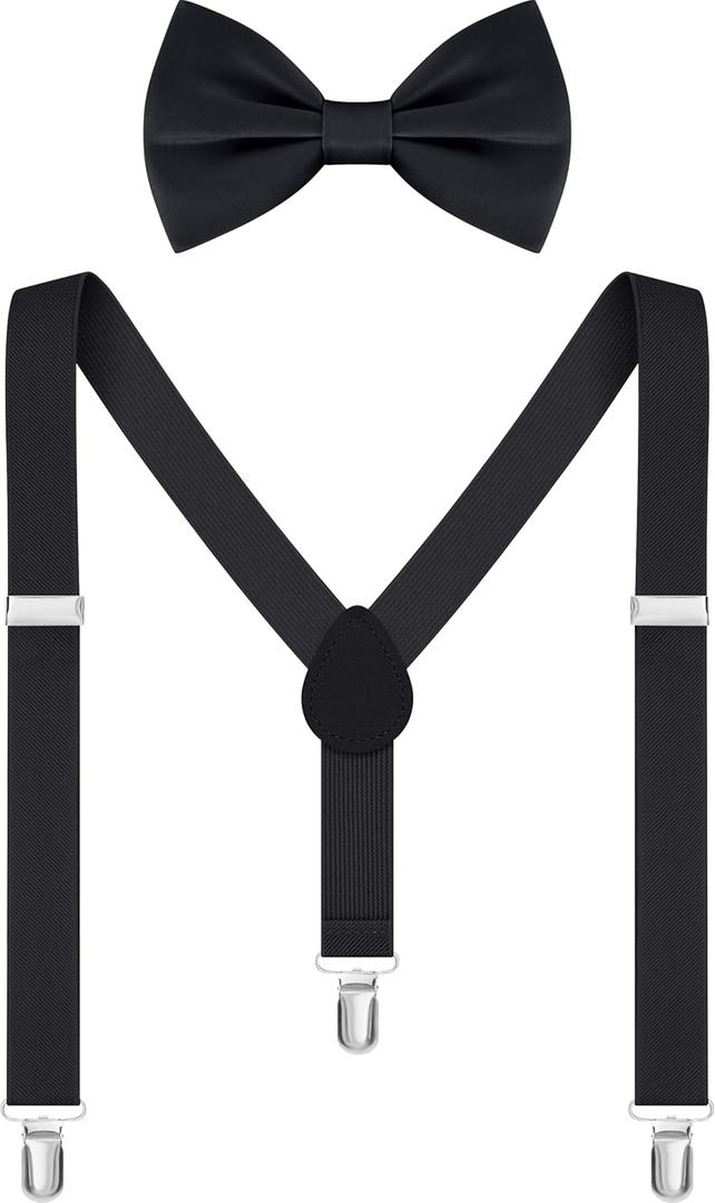 Kids Suspender and Elastic Bow Tie Sets for Boys and Girls Age 1-16 Years (Black)