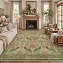 8x10 Green & Orange Vintage Floral Area Rug, Washable for Living Room