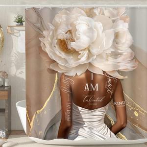 MESHELLY African American Abstract Shower Curtain 60Wx72H Pink Marble Black Girl Shower Curtain Rose Gold Flower Positive Quotes Floral Black Women Bathroom Decor Fabric12 Hook (05white)