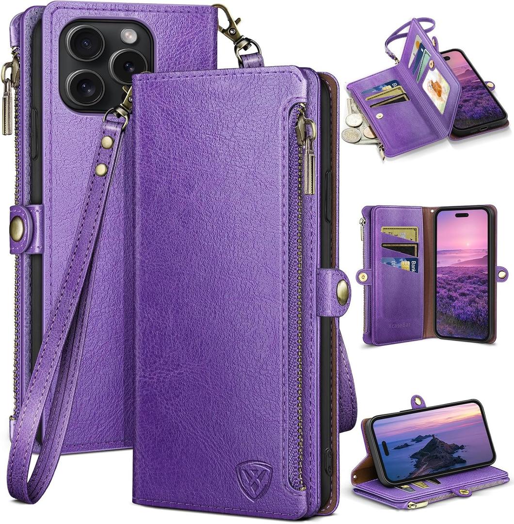 XcaseBar for iPhone 15 Pro 6.1" Wallet case with Zipper Credit Card Holder RFID Blocking,Flip Folio Book PU Leather Shockproof Strap Protective Cover Women Men for Apple 15Pro Phone case Purple