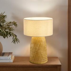 Boho Bamboo Table Lamp, Handwoven Bedside Lamp with Linen Shade, Small Natural Weave Nightstand Light for Living Room, Tea Room, Desk,Beige, 12.6"D x 12.6"W x 16.53"H