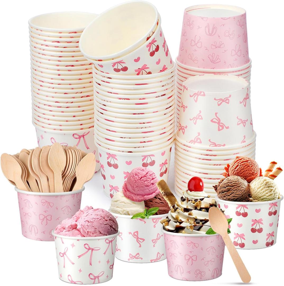 Gejoy 200 Pcs 100 Set 8 oz Ice Cream Cup with Spoon Disposable Paper Dessert Bowl Pink Dessert Cups Bow Ice Cream Snack Bowl for Summer Graduation Wedding Birthday Party Supplies Hot and Cold Foods