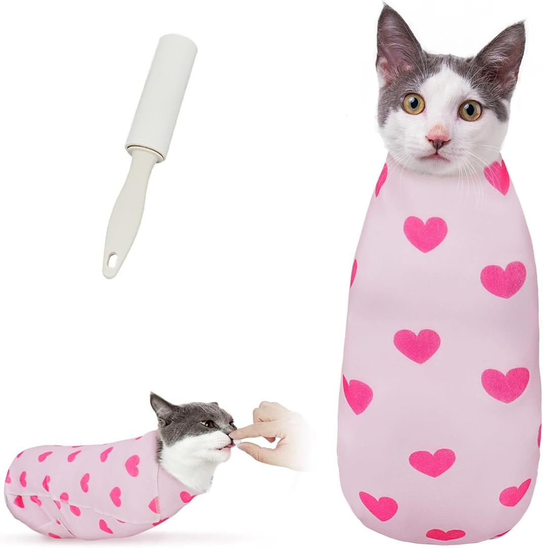 Cat Wrap for Cutting Nails, Self-Adhesive for Grooming, Anti-Scratch Cat Swaddle Wrap for Medicine, Nail Clipping, Teeth Brushing, Ear Cleaning (L-27.6IN (Within 17lbs), Love)
