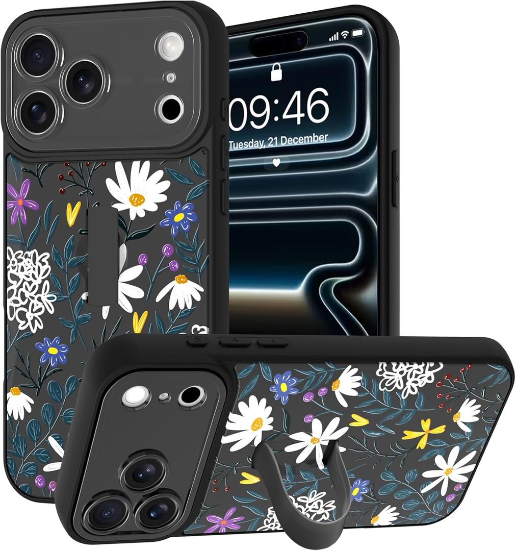 for iPhone 17 Pro Max Case with Finger Strap Kickstand, Cute Flower Leaves Pattern with Stand for Girls Women, Full Camera Protection Shockproof TPU Bumper Hard Back Cover, Grey Floral