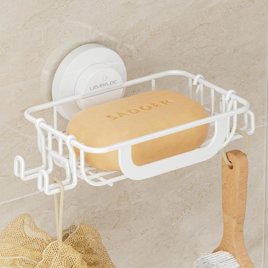 LEVERLOC Soap Holder Dish with Hooks for Shower, Bar Suction Cup Soap Tray Wall Mounted, Rustproof Stainless Steel Sponge Holder Caddy for Bathroom Bathtub Kitchen Sink, White (1 Tire)