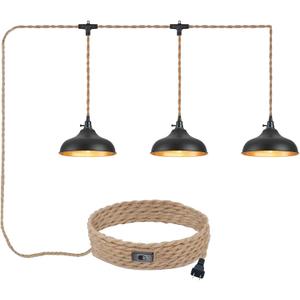 3 Light Plug in Pendant Lights Dome Hanging Lamp with Switch 22 Ft Long Hemp Rope Farmhouse Pndant Light Cord Lighting Fixture DIY Hanging Light