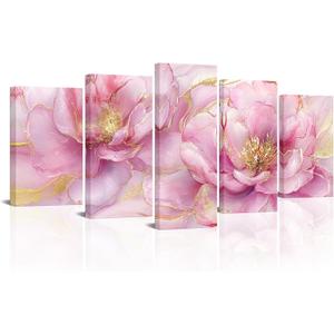 RyounoArt Pink and Gold Flower Wall Art Peony Flower Canvas Picture Painting Pink Floral Artwork for Bathroom Bedroom Wall Decor Framed Medium