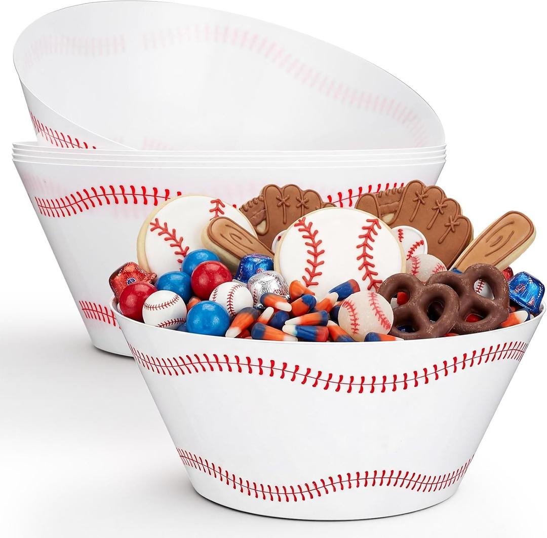 6 Pcs 10 Inch Large Baseball Serving Bowls 100 oz Reusable Plastic Snack Salad Dessert Bowls Baseball Party Supplies for Team Game Sport Birthday Party Decor