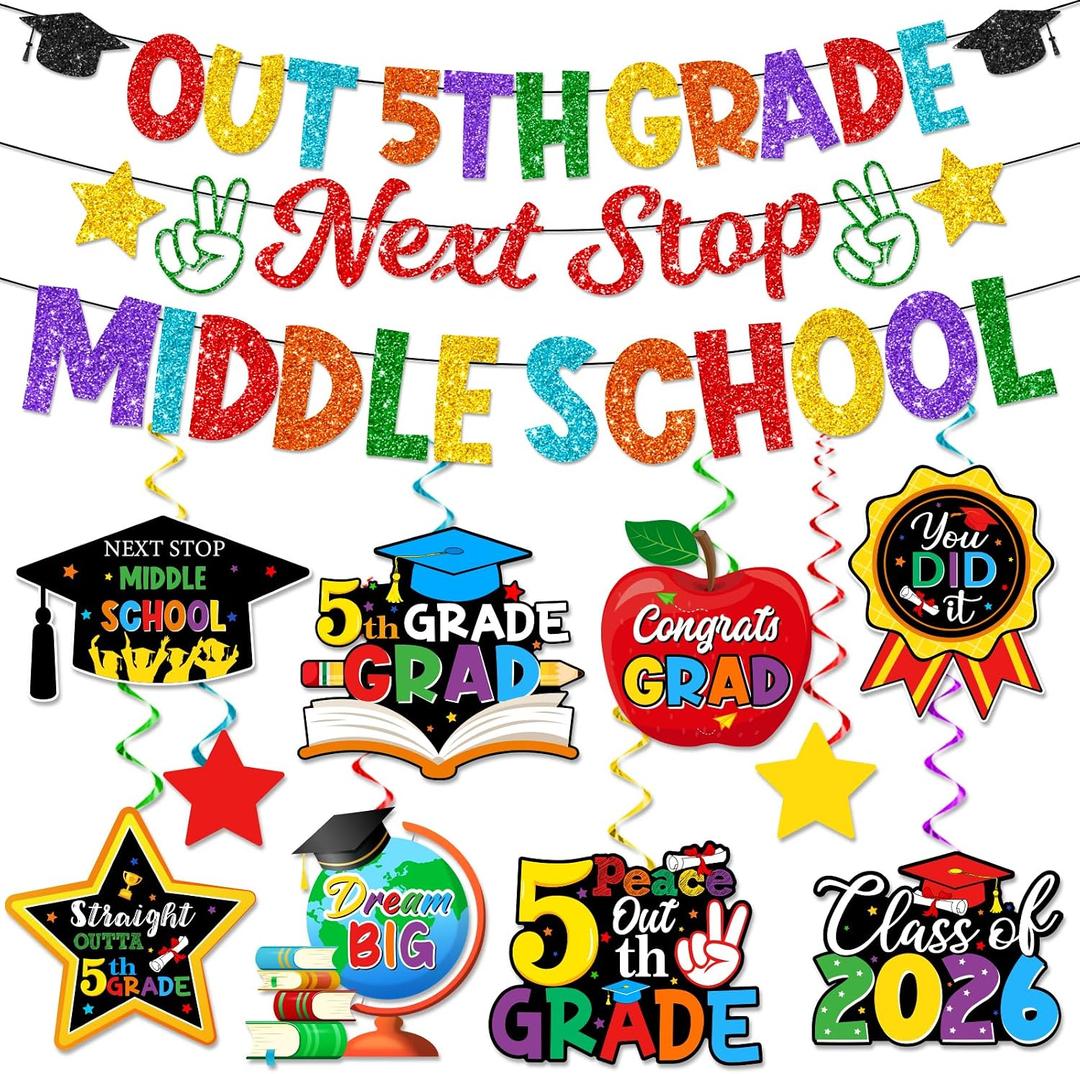 Fifth Grade Graduation Decorations-5th Grade Graduation Banner,Elementary School Classroom Party Decorations,2026 School Sign Hanging Swirls Supplies for Boys & Girls