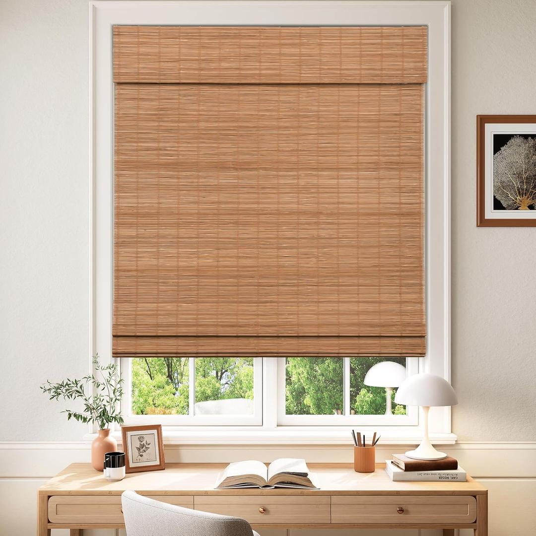 LazBlinds Cordless Blackout Bamboo Roman Shades, Room Darkening Blinds for Interior Windows, Thermal Insulated Roll Up Bamboo Blinds for Home & Patio, 39" W x 64" H, Papara Carbon