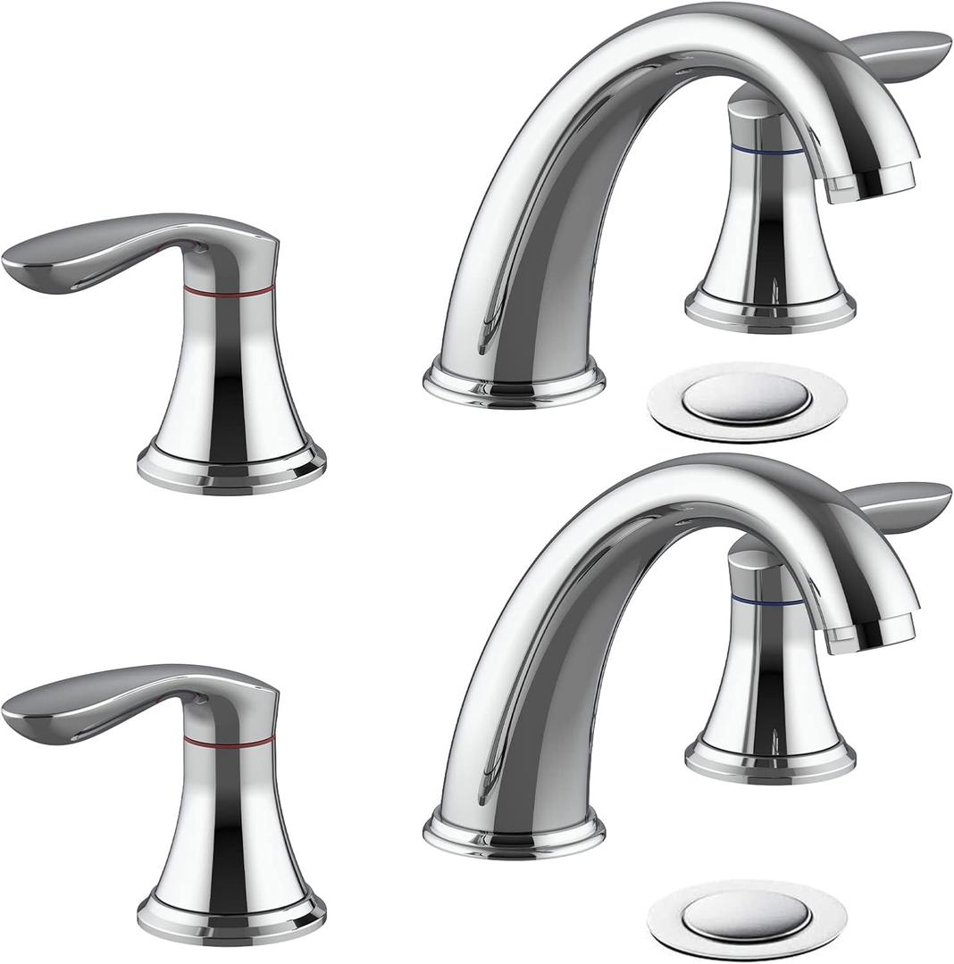 Bathroom Sink Faucet, Faucet for Bathroom Sink, Widespread Chrome Bathroom Faucet 3 Hole with Stainless Steel Pop Up Drain and cUPC Lead-Free Hose - (Chrome 2 Packs)