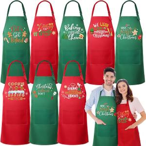 Langyiwee Christmas Apron for Women Men Adjustable Gingerbread Apron Pocket Red Green Xmas Cookie Baking Kitchen Decor, 4 Pack