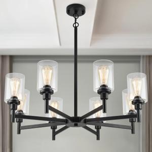 LIGHTDAMY Black Chandeliers for Dining Room Light Fixture, Modern Farmhouse Chandelier, 8 Lights with Clear Glass Shade Industrial Hanging Lighting for Living Room Kitchen Island Bedroom