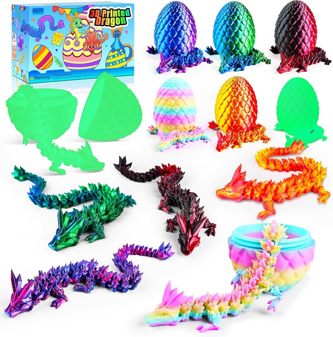 6PCS 3D Printed Easter Dragon Eggs with 3D Printed Dragon Inside, Easter Basket Stuffers Mini Dragon Egg Set Articulated Crystal Dragon Fidget Toy for Adults Teens