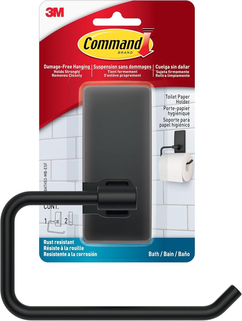 Command Toilet Paper Holder Matte Black with Water Resistant Command Strips, Rust Resistant Bathroom Organizer (Large)