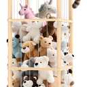Stuffed Animal Storage Zoo Tower,56In Wooden Large Stuffed Animal Holder Organizer with Wheels,Stuffy Plushies Storage with Elastic Band&Mesh Bottom,Toy Storage Organizers for Playroom Bedroom Nursery (Original Wood Color)