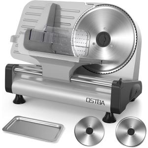 OSTBA Electric Meat Slicer with 200W DC Motor, 2 Removable 8.7 Stainless Steel Blades, Adjustable Thickness 015mm, Food Tray & Hand Grip, Deli Food Slicer for Meat, Cheese, Bread, Vegetables