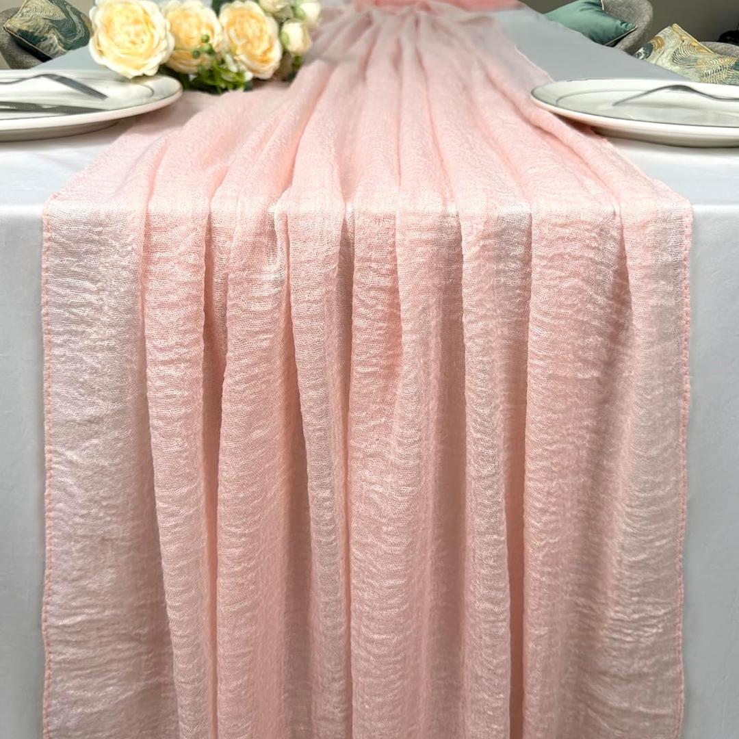 Booque Valley Pink Table Runner 10ft Boho Cheesecloth Super Soft Seersucker Gauze for Wedding Bridal Shower Baby Shower Birthday Party Decoration Centerpiece Table Decor, 1 Pc, Blush Pink