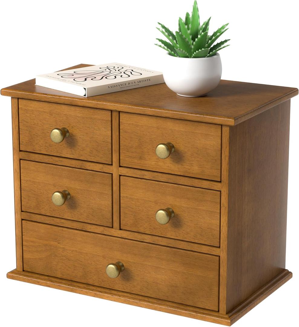 Oak Desk Organizer with Drawers, Durable Wooden Desktop Storage Box with Metal Handles & Non-Slip Silicone Pads, 5 Drawer Tabletop Organizer for Office, Bedroom, Bathroom, Vanity, and Makeup Walnut