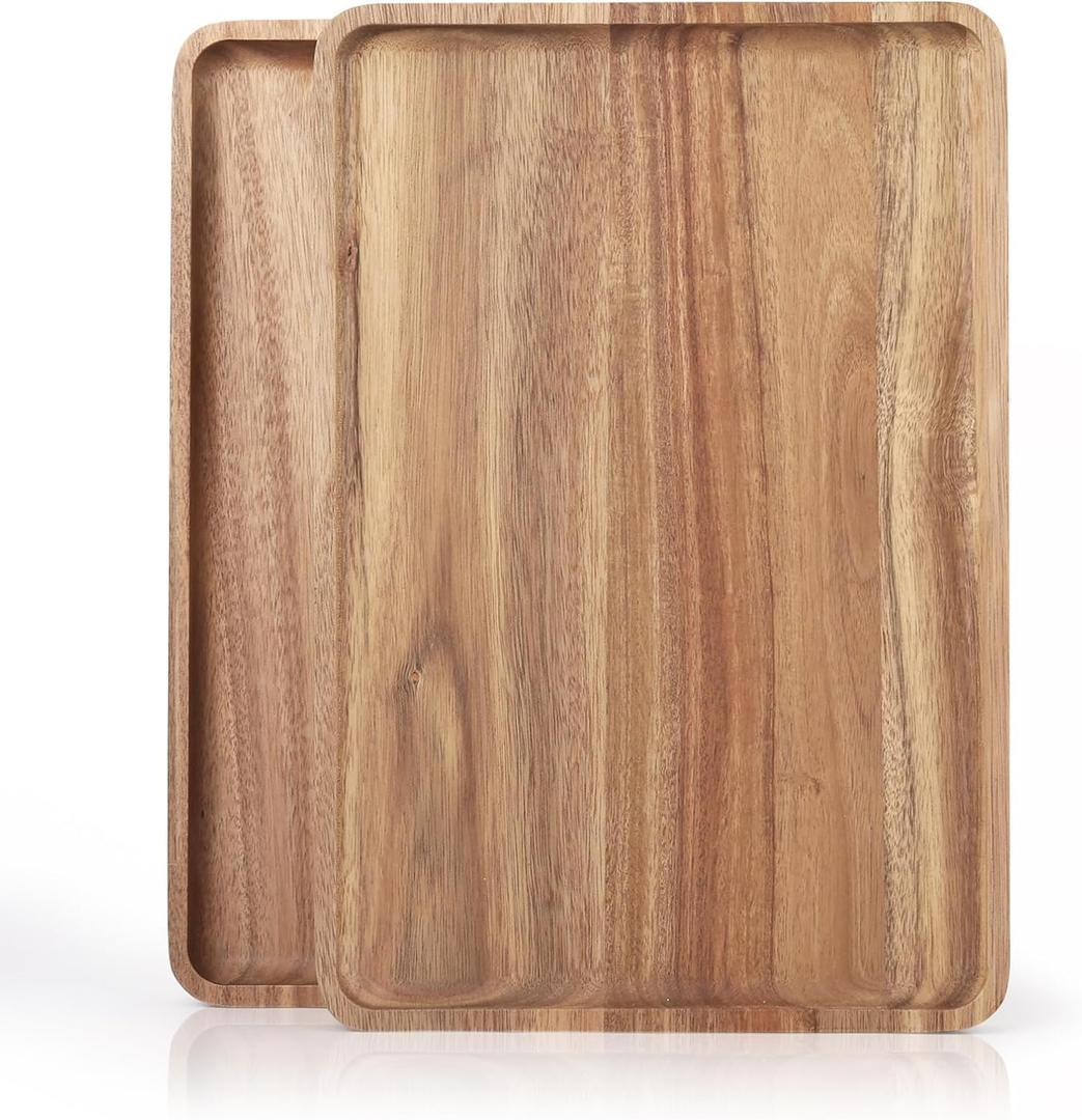 2pcs 15"x10" Large Solid Acacia Wood Serving Trays Rectangular Wooden Serving Platters Natural Wooden Boards for Bar Coffee PartyWood Log Color