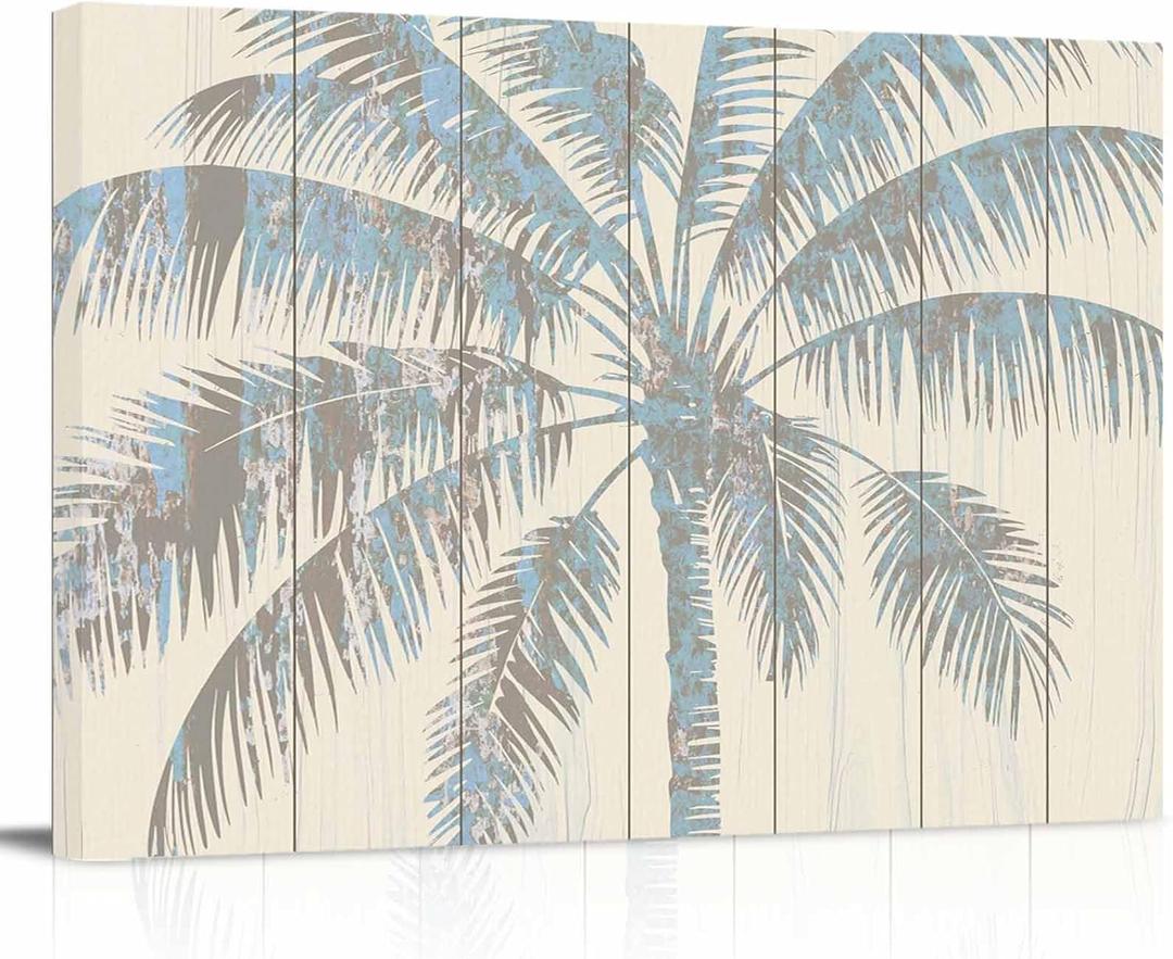 Tropical Palm Tree Canvas Print Wall Art - Mottled Beige Retro Wood Grain - Wall Decor Modern Artwork Paintings Pictures for Living Room Stretched and Framed Ready to Hang - 16" x 24"