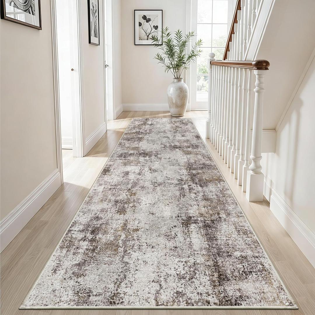 3x10 Washable Runner Rug for Hallrway: Non Slip Runners Rugs Easy-to-Clean - Soft Living Room Bedroom Kitchen Carpet - Thin Low Pile Printed Floor Runners - Pinkish Beige Brown