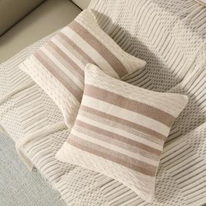 ORTIGIA Boho Decorative Throw Pillow Covers 18x18 Set of 2 Striped Linen Taupe Couch Farmhouse Textured Neutral Pillowcase for Home Decor Sofa Bed Living Room Bedroom Outdoor