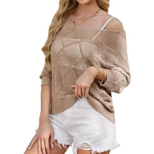 HUSKARY Beach Vacation Clothes for Women 2026 Trendy Spring Summer V Neck Casual 3/4 Sleeve Off Shoulder Crochet Cover Up Top (Beige, XL)