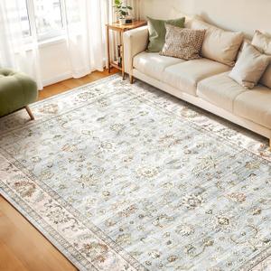WITSHOCK 8x10 Area Rugs for Living Room: Machine Washable Non Slip Vintage Carpet - Low Pile Lightweight Print Rug for Bedroom Dining Room Kitchen Table - Stain Resistant for Household (Light Blue)