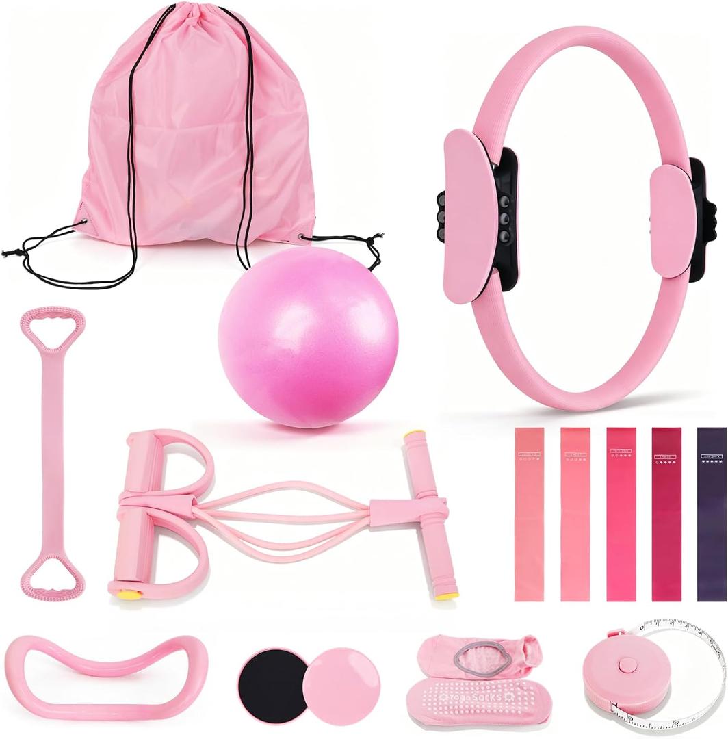 15-in-1 Pilates Kit for Women - Home Pilates Workout Kit with Pilates Ring, Yoga Ball, Exercise Bands, Sliders, Socks & Bag - Pilates Essentials Kit for Home Workouts, Pilates Sets for Women