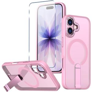 Magnetic for iPhone 17 Stand Case with Screen Protector, [Full Camera Protection] (Compatible with MagSafe) Military Grade Drop Protection, Translucent Matte Bumper Cover Case, Pink
