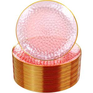 Rubtlamp 100 Pcs Pink Gold Dessert Plates Hammered Party Plates, Pink Disposable Plates With Gold Rim, 7 Inch Dessert Platos Disposable, Plastic Appetizer Plates Perfect for Mother's Day