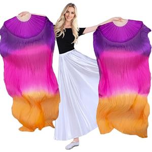 1 Pair(Left+Right) Women Hand Made Real Silk Belly Dance Fan Veils, Gradient Color Length 180cm Width 90cm (Purple rose orange)