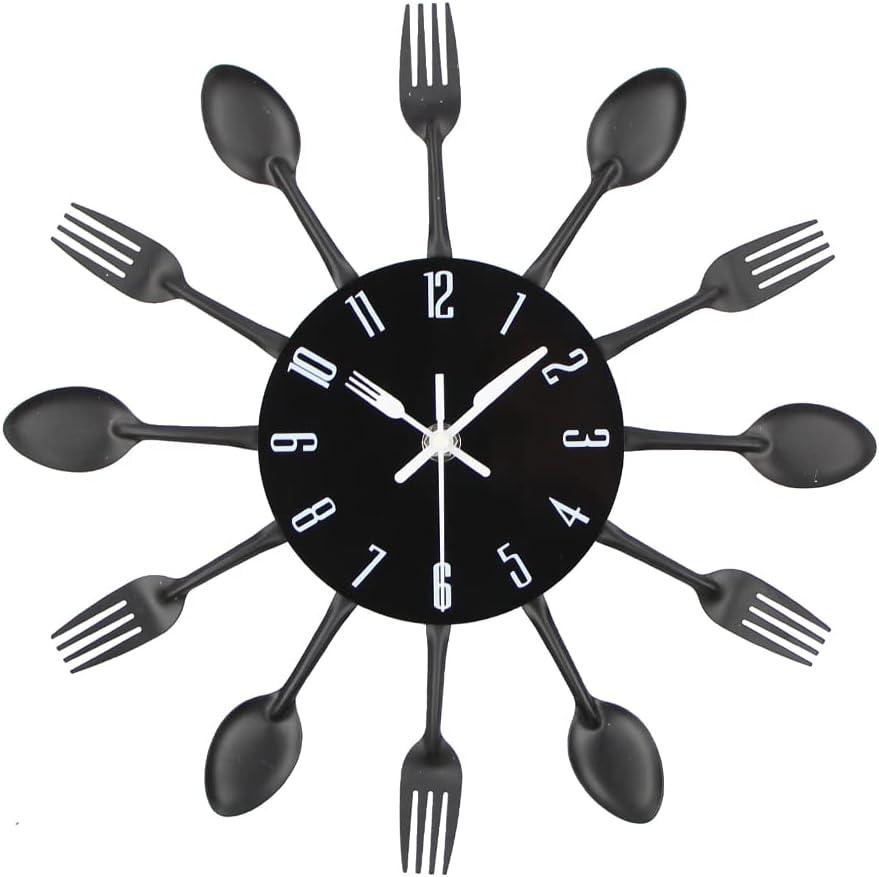 Timelike Kitchen Wall Clock, 3D Removable Modern Creative Cutlery Kitchen Spoon Fork Wall Clock Mirror Wall Decal Wall Sticker Room Home Decoration (Black)
