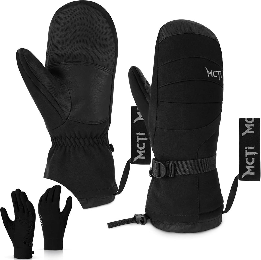 MCTi 2 in 1 Winter Ski Gloves for Men, Waterproof Snowboard Gloves, Thick Ski Mittens & Fleece Glove Liners, 2 Pairs (Large, Black)