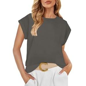 ZESICA Womens Summer Cap Sleeve Crewneck Tops Casual Loose Striped T-Shirts Basic Tees (Small)