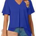 Anyally Women's Summer Dressy Chiffon Blouses V Neck Ruffle Short Sleeve Tunic Tops for Leggings Casual T-Shirts (Blue, XXL)