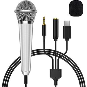 2-in-1 Mini Microphone for Android, iPhone 15, Laptop and PC, Portable Mini Mic for Vlogging, Karaoke, Video Recording with USB C & 3.5mm Jack (USB C)