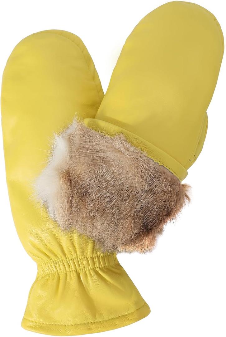 Women Leather Mittens Finger Rabbit fur Lining Winter Sheepskin Soft and Warm (Small, Yellow)