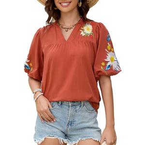 Women's Boho Floral Embroidered Cotton Blouse Casual V-Neck Puff Short Sleeve Loose Tunic Top for Summer Shirt, XL