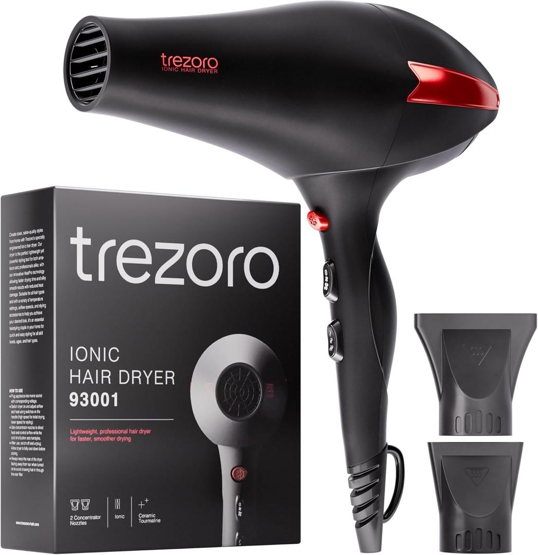 TREZORO Professional Hair Dryer, Ionic Ceramic Tourmaline Technology, 2000W Fast Quiet Drying, with Narrow & Wide Concentrator Nozzles, 3 Heat & 2 Speed Settings, Cool Shot Button, Black (Premium Jet Black)