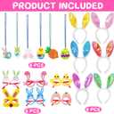 18 Pcs Easter Accessories Set Easter Party Favors - 6 Bunny Ear Headbands, 6 Glitter Necklaces, 6 Glasses for Kids Easter Egg Hunt, Party Favors, Photo Props