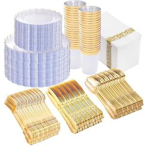 LIYH 350 Pcs Clear and Gold Plastic Disposable Dinnerware Set - Plastic Gold Scalloped Plates Include Disposable Dinner & Dessert Plates Silverware, Cups Napkins for Birthday Bridal Wedding