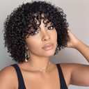 Short Curly Bob Human Hair Wig with Bangs 100% Human Hair Glueless Wear and Go No Lace Wig Machine Made Water Wave Bob Wig for Black Women Natural Black Color 10 inch