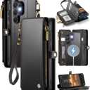 Defencase for Samsung Galaxy S24 Ultra Magnetic Wallet Case Compatible with Magsafe with RFID Blocking Zipper & Card Holder Women, PU Leather Detachable Phone Case for Galaxy S24 Ultra 6.8", Black