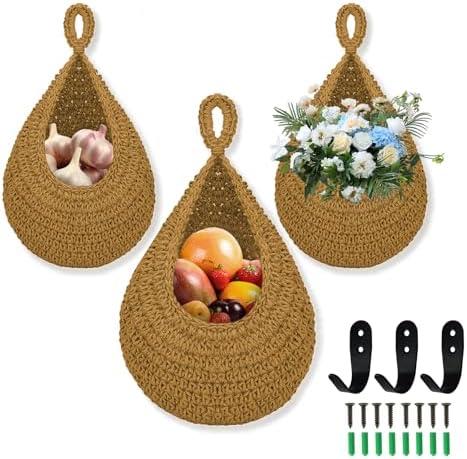Hanging Fruit Basket for Kitchen, 3 Pack Wall Hanging Fruit Baskets with 3 Hooks, Boho Hanging Wall Basket, Hanging Kitchen Baskets for Fruits, Vegetables and Onion Storage, Caramel