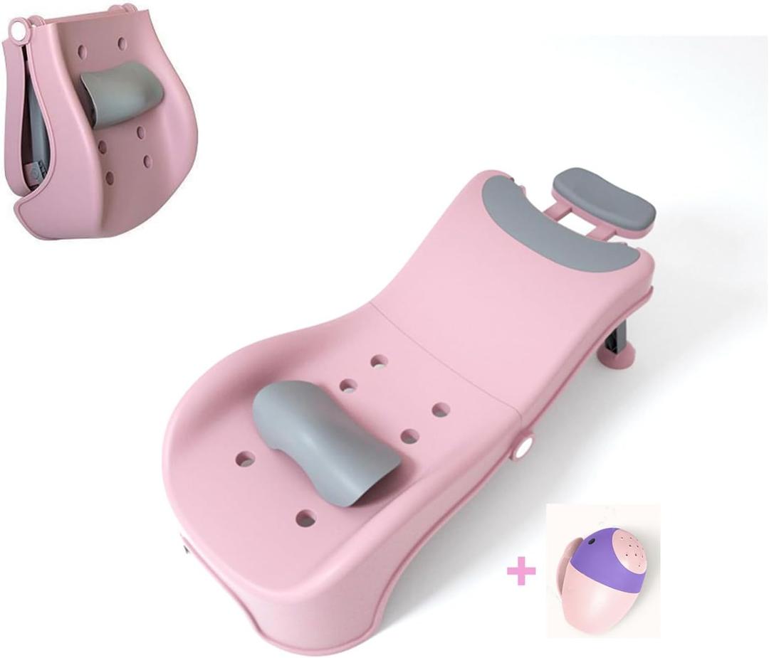 Foldable Shampoo Chair for Hair Washing at Home Adjustable Bath Seat for Disabled Or Injured One Rinse Cup Included (Pink)