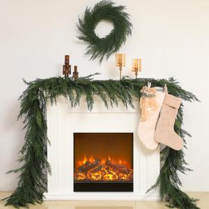 Jutom 1 PCS 9 ft Christmas Cedar Garland - Green Artificial Realistic Cedar Garland Faux Decoration for Table, Mantel, Wall Winter Holiday Party