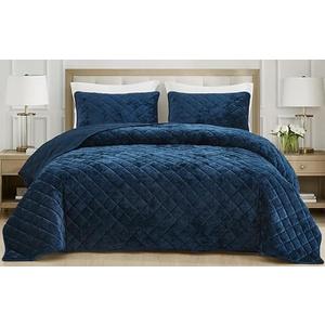 Chezmoi Collection Lux Navy Blue Velvet Quilt Queen Set, 3-Piece Plush Distressed Velvet Bedding All Season Lightweight Comforter Brushed Microfiber Reverse with Diamond Stitch Quilting