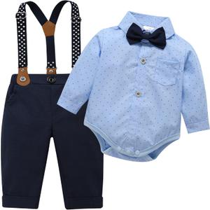 Baby Toddler Boy Formal Gentleman Suits, Dress Long Sleeve Blue Shirt with Bowtie+Suspender Pants Dressy Outfit (3136Light Blue, 3-6 Months)